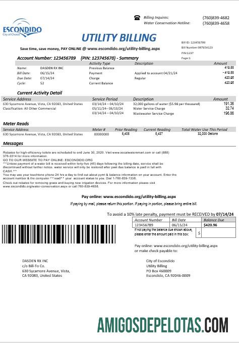 Em branco modelo de conta de serviços públicos comercial da cidade escolhida de Escondido, EUA, Califórnia, em formatos Word e PDF